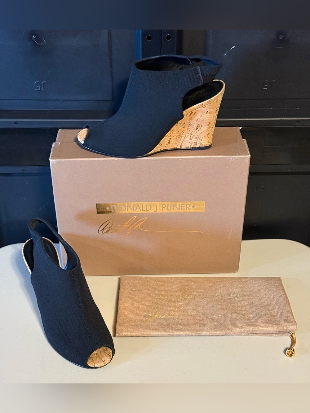 Donald J. Pliner “Portia-BCW” Black Cork Wedge Peep-Toe Slingback Sandals Sleek